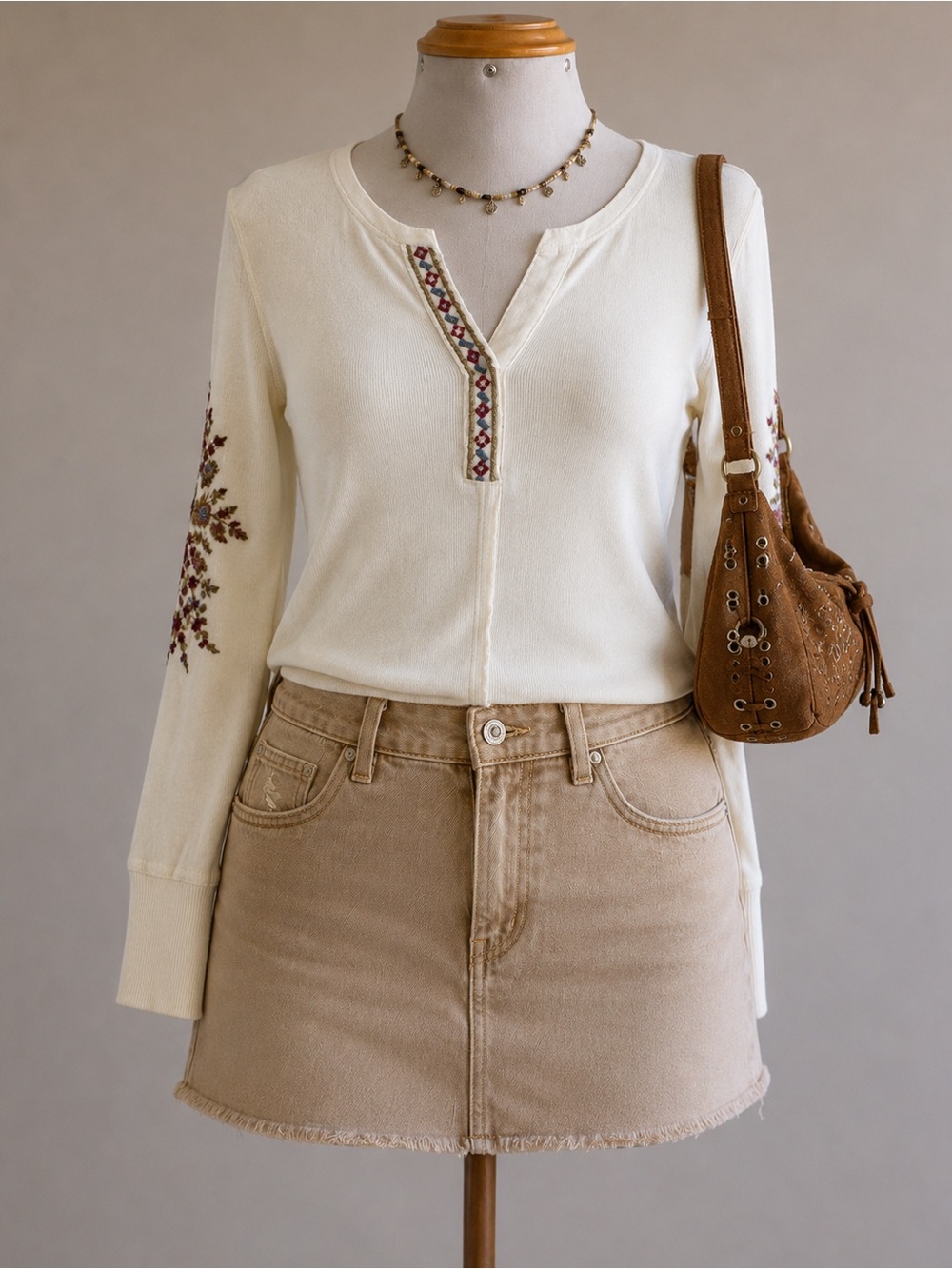 Sundance Thermal Henley Long Sleeve Top Women’s Small Embroidered Boho Cream